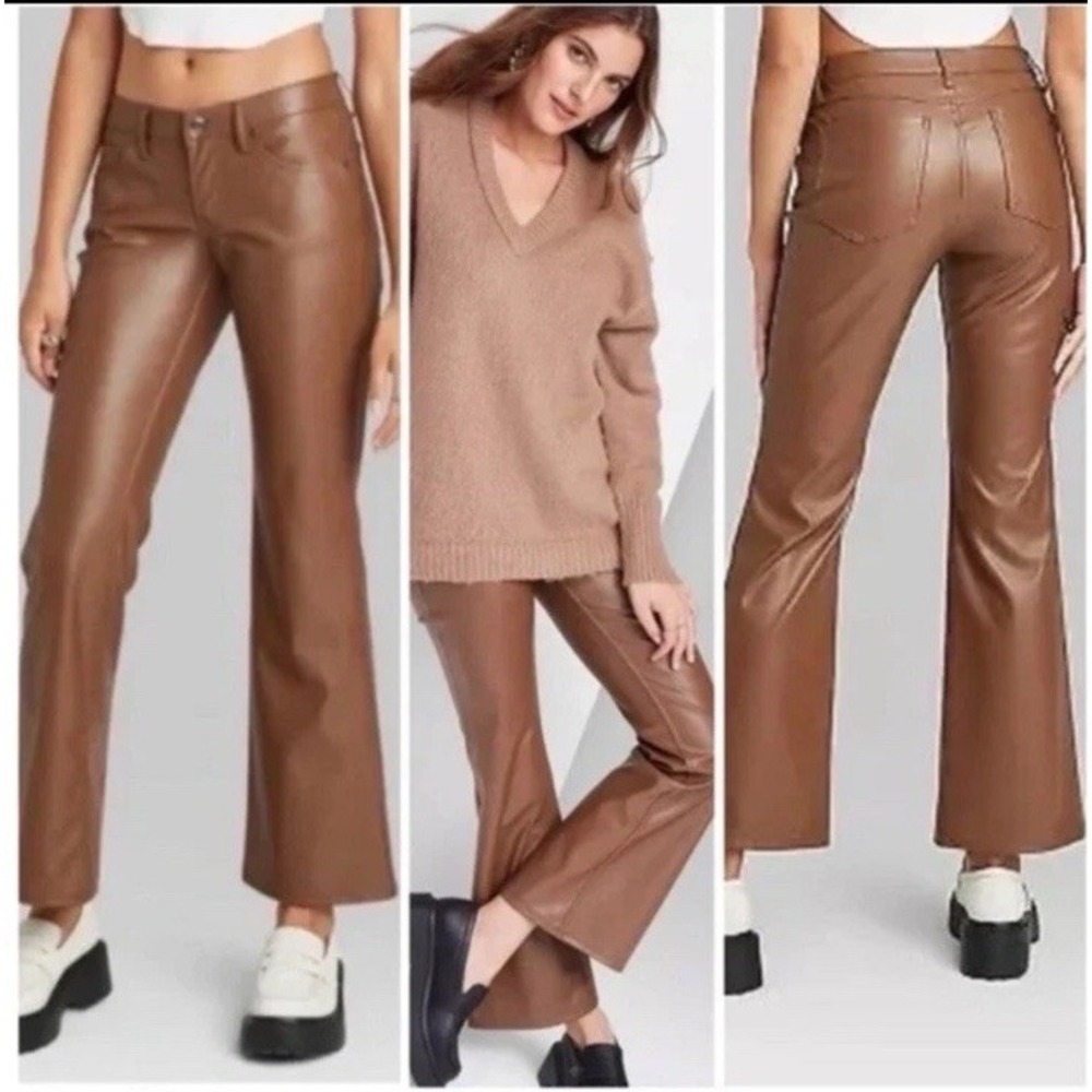 NWT wild fable Women's Size 4 Low Rise Flare Brown Faux Leather Pants Y2K Trendy